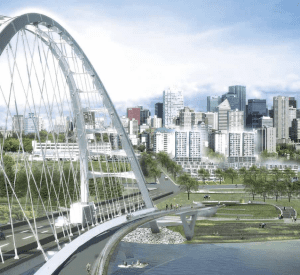 The new Walterdale Bridge, looking into a re-imagined River Crossing. Conceptual only.